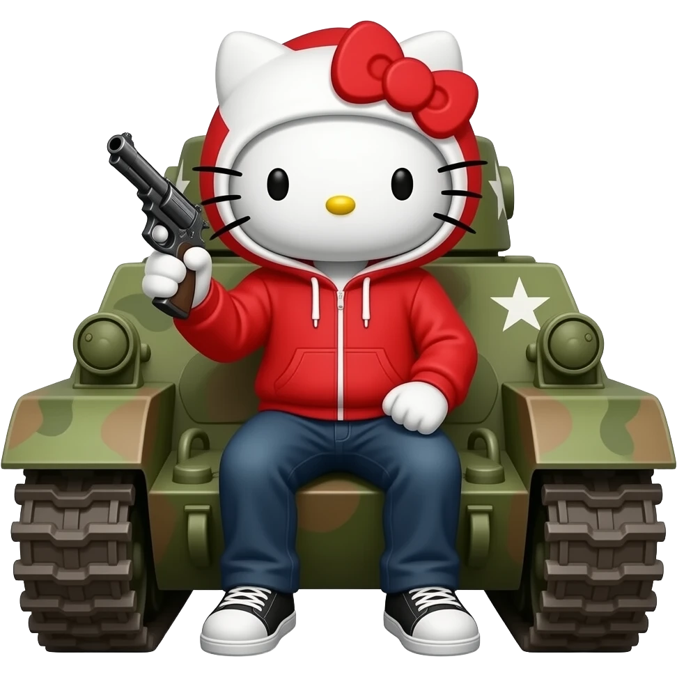 hello kitty male version with red hoodie and the hood white. holding a gun, full body. and he sits in a war tank with the hood on his head emoji