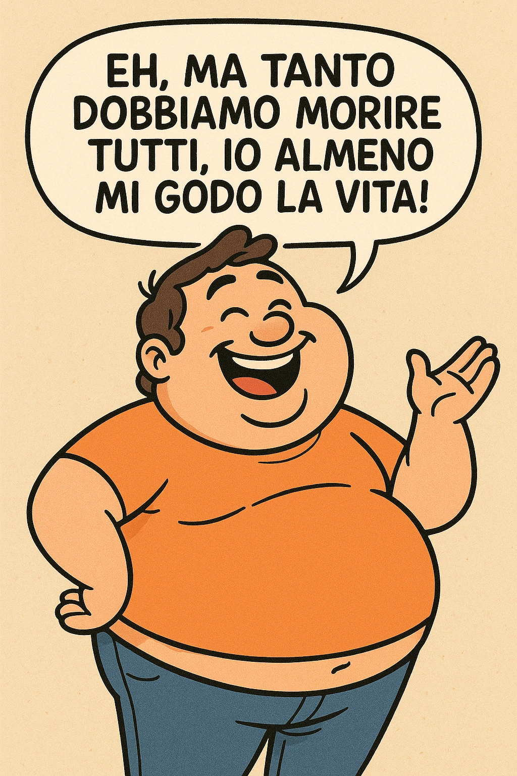 uomo grasso che dice "Eh, ma tanto dobbiamo morire tutti, io almeno mi godo la vita!" emoji