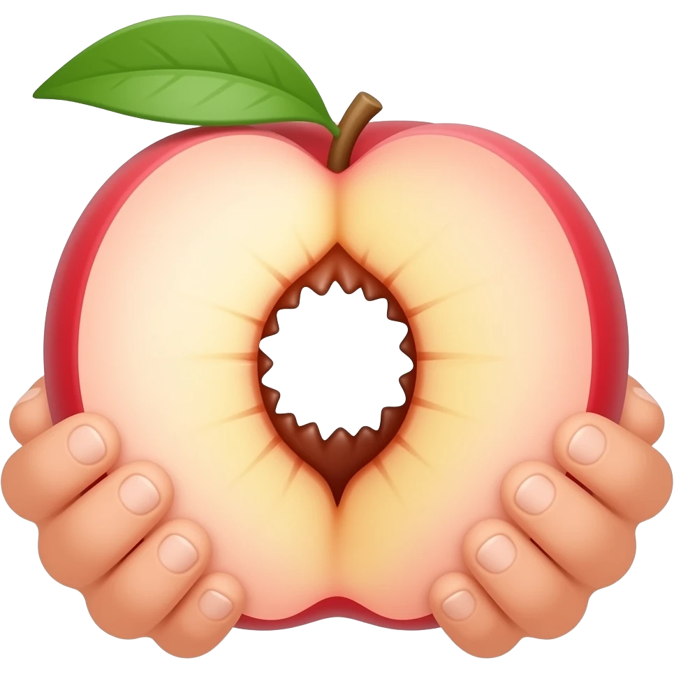 Erstelle ein Emoji von einem Pfirsich mit einem Loch in der Mitte an der außenschale, das Loch kleine Öffnung soll mitten zwischen den Spalt vom Pfirsich liegen. zwei Hände sollen den Pfirsich an den Seiten greifen und das Loch im Pfirsich etwas öffnen emoji