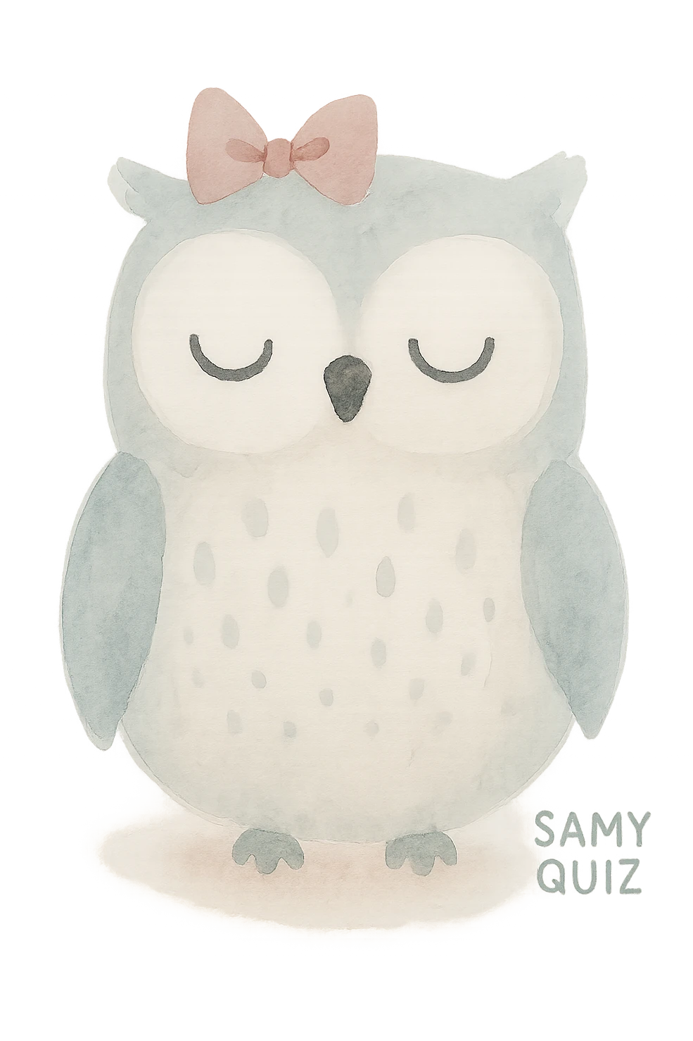 owl with bow and text 'SAMY QUIZ' in the same color palette as the reference image, watercolor style emoji