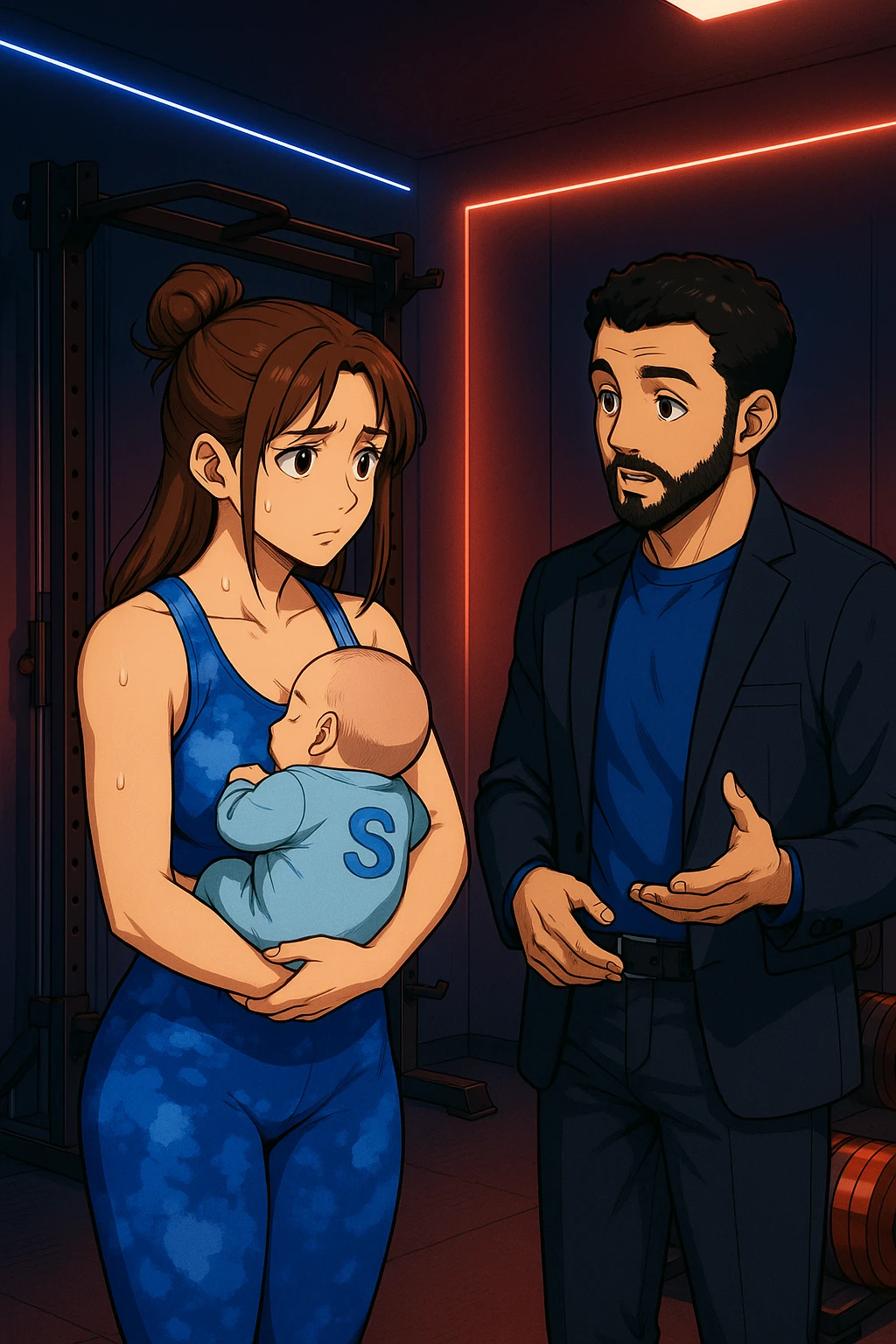 ispirati a questo stile di disegno e fai questa immagine in versione manga/webtoon a colori, il manga mostra la donna preoccupata con un neonato in braccio con una tutina azzurra e la scritta "S" sulla schiena, mentre ascolta l'uomo mentre l'uomo gli sta spiegando una cosa, ma non fare i fumetti, fai come se stessero parlando emoji