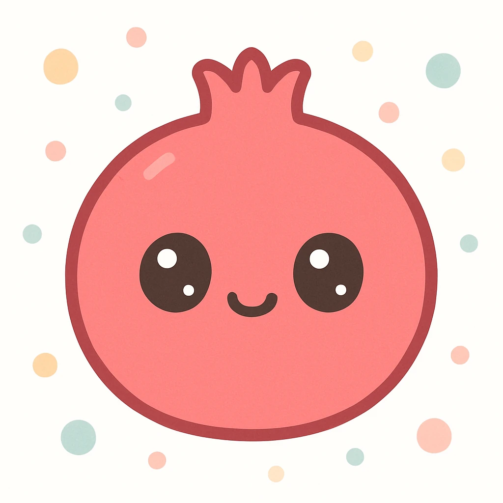 a pomegranate, kawaii style, cute face, round, pinkish red emoji
