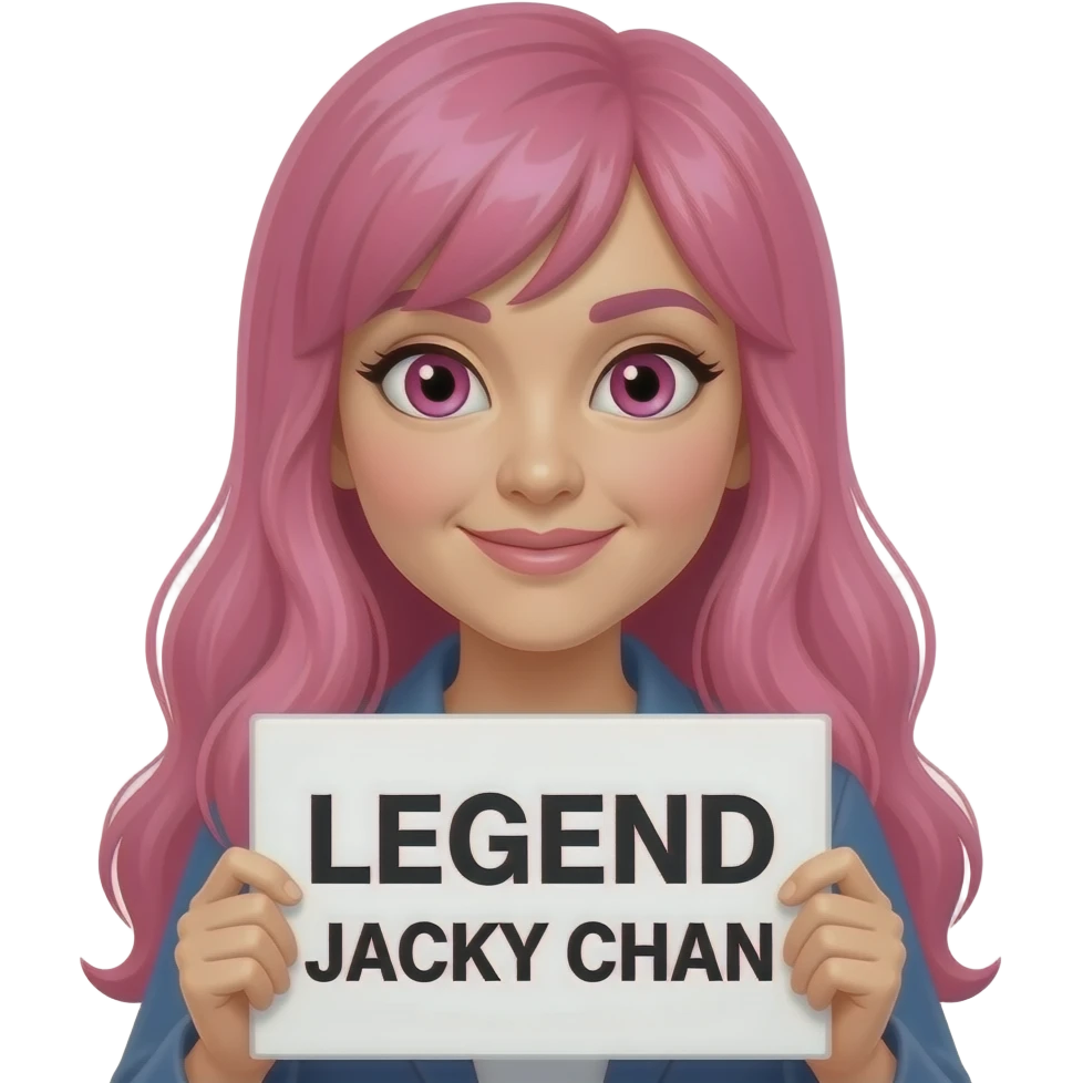 sexy girl with long pink hair and pink eyes holding LEGEND JACKY CHAN sign emoji