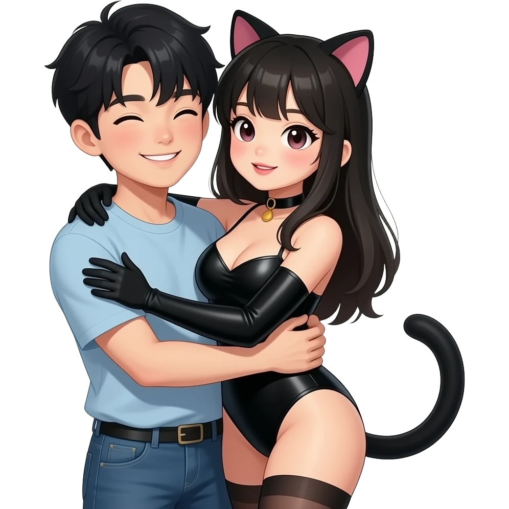 Young cute korean guy is hugging a sexy, cute, nasty cat costume girl, she is from philippines and wearing black cat costume, please make them hot,sexy, horny and naughty emoji