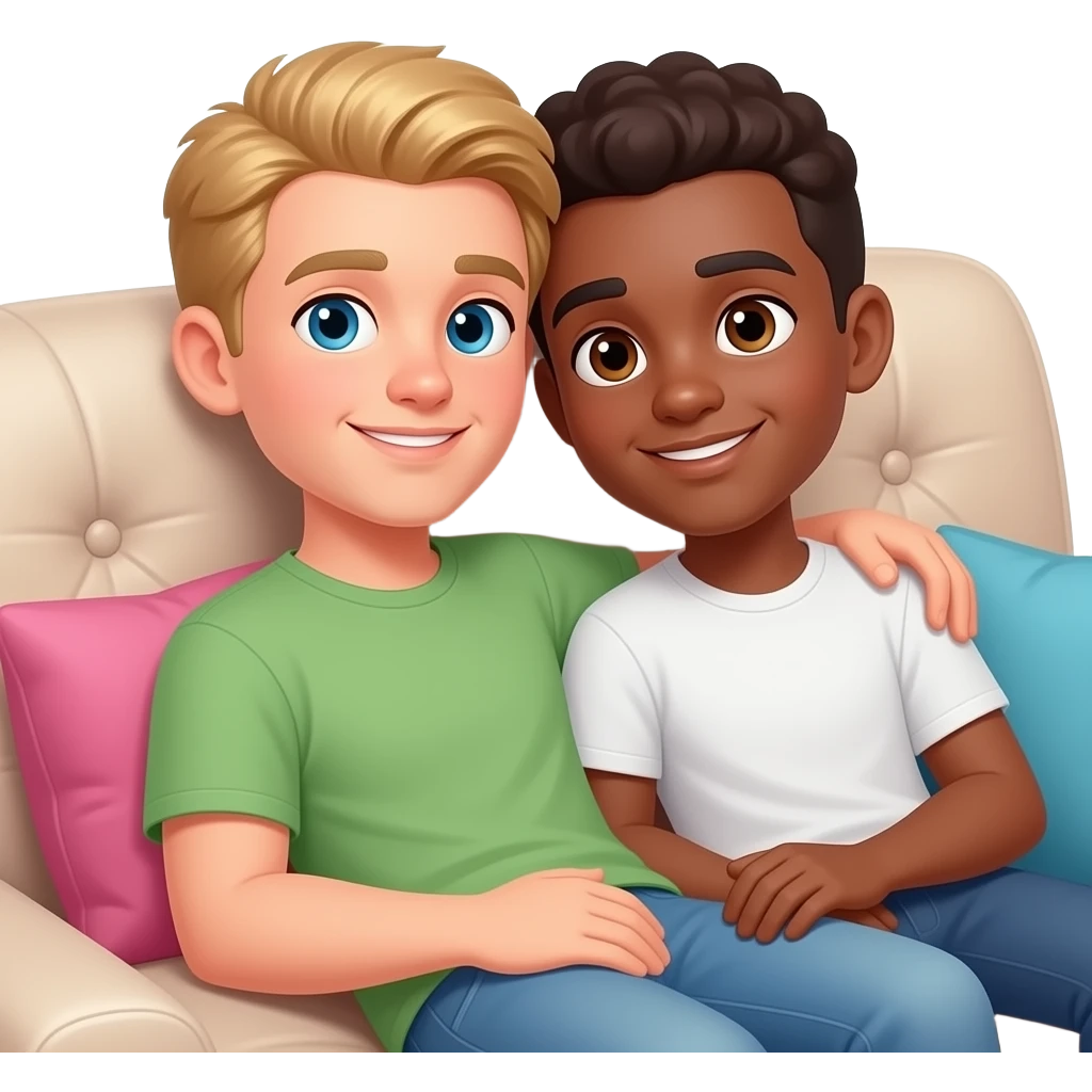Make a young gay couple on a Date , one has light Skin with Blond Hair and Blue Eyes, the other one has slightly brown skin witz dark Brown Hair and Brown Eyes. They are laying romantic on a couch. emoji