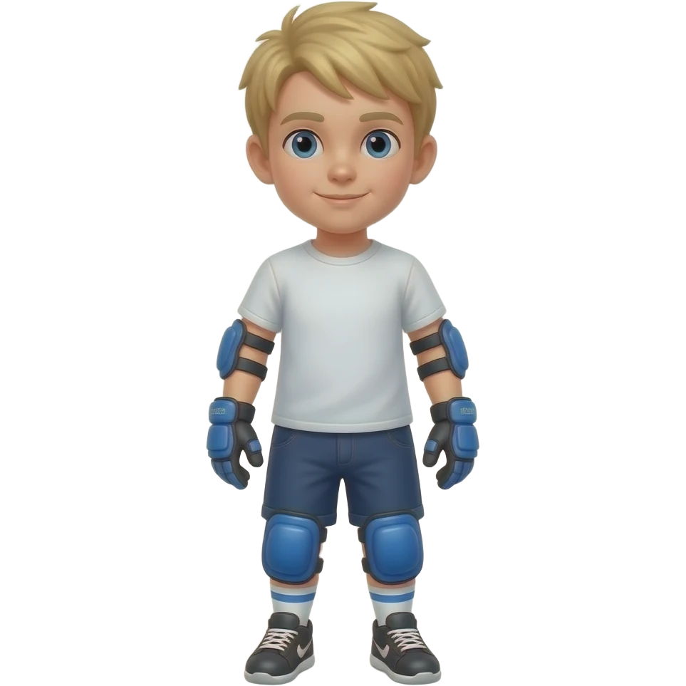 Child boy blonde hair, standing upright, wearing blue elbow pads and knee pads, ready-to-play expression, front-facing pose. emoji