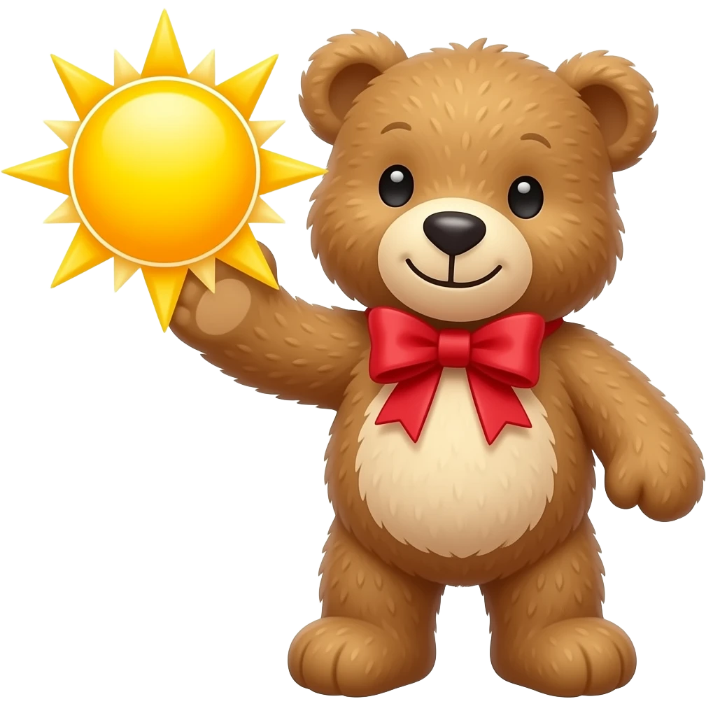 teddy bear with red bow holding the sun emoji
