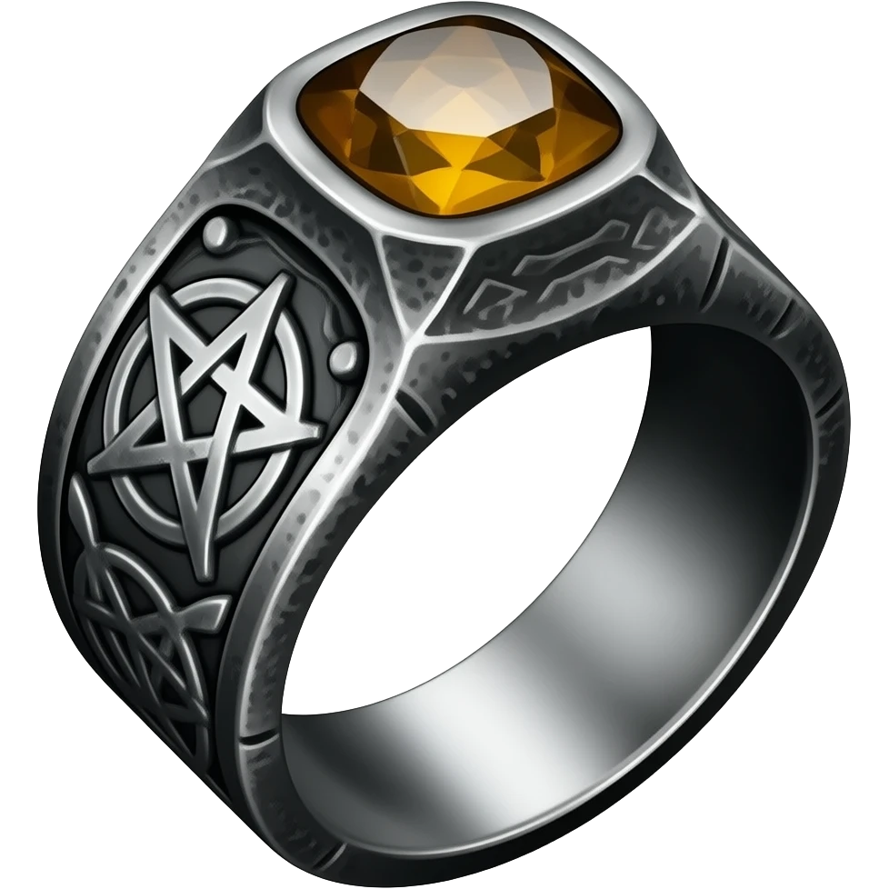 A runic ring meant for dark warlocks, dark and ominous with strange occult markings. Make it foreboding, maybe with a dark grey and orange gem emoji