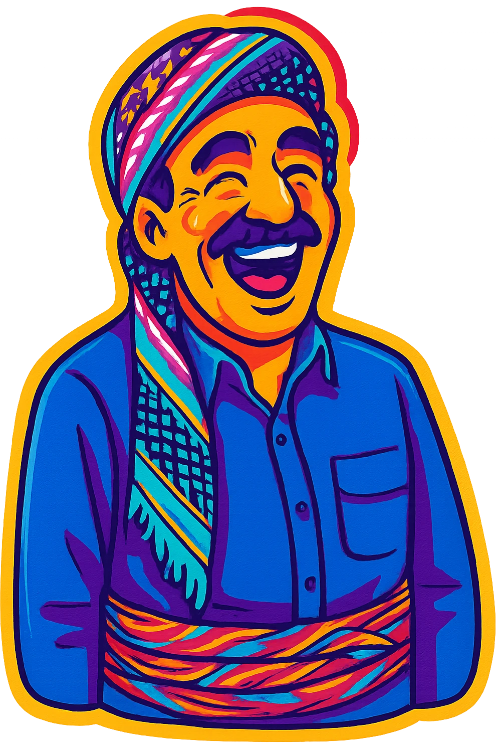 Create a cartoon sticker with a happy and joyful expression in the style of Flux Pro, with a transparent background. The style should reflect the vibrant and pop colors typical of Flux Pro style. emoji