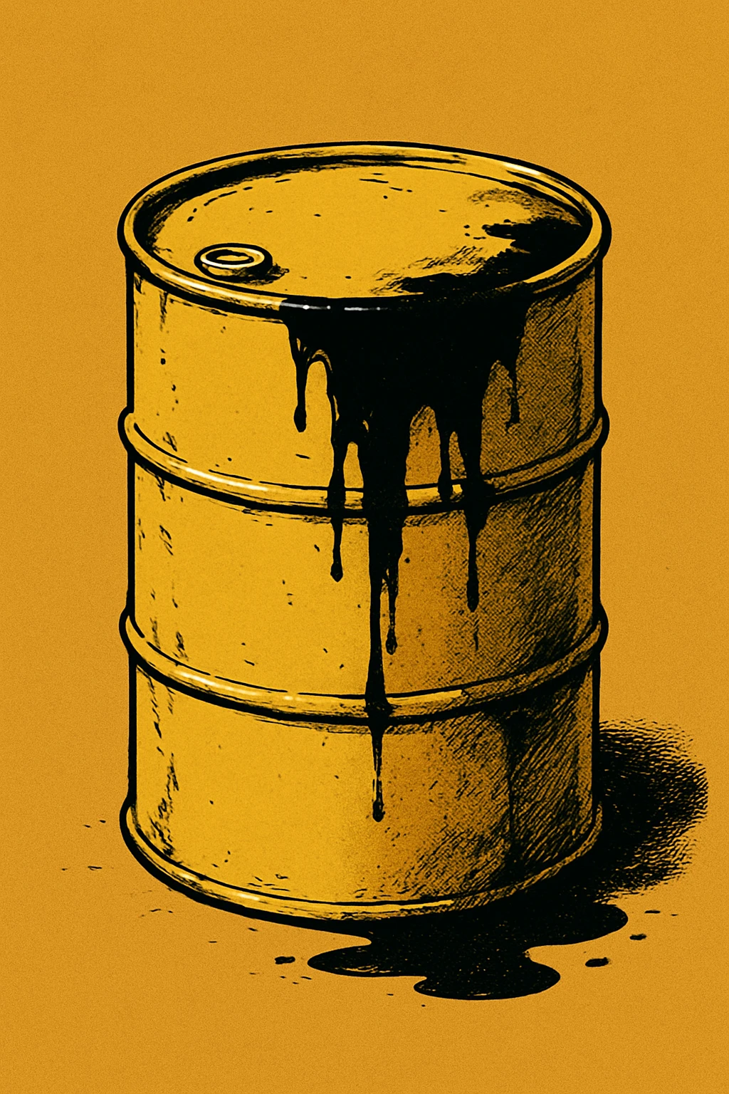 Сгенерируй мне темно желтую бочку чуть чуть прям испачканную нефтью в стиле японского комикса на однородном фоне. Она должна .смотреться ебать как стильно. Без рисунка капли.  emoji