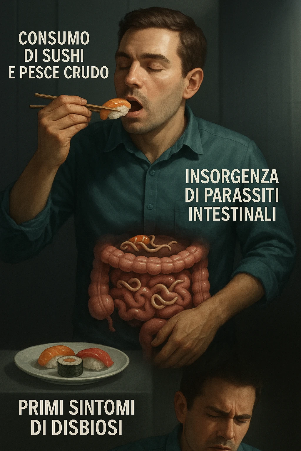 vertical realistic illustration of a man consuming sushi and raw fish, with a visual progression showing the onset of intestinal parasites and early symptoms of dysbiosis, clinical atmosphere, dramatic lighting, Italian captions, aspect ratio 2:3 emoji