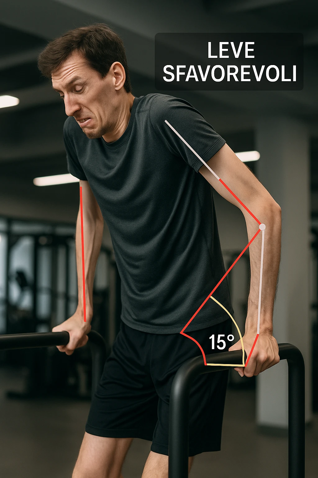 a tall, lean man with very long arms and a short torso attempts a dip on parallel bars. His elbows are deeply bent and his body appears awkwardly positioned, highlighting the mechanical disadvantage. An overlay shows anatomical lines and angles, with labels explaining “Leve Sfavorevoli” The background is a modern gym, with a focus on biomechanics. in italiano emoji