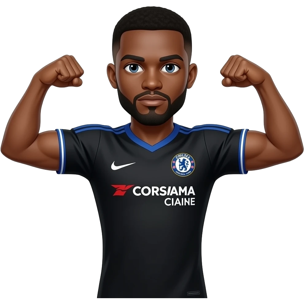 Black man with goatee double arm flex wearing Chelsea fc black jersey emoji