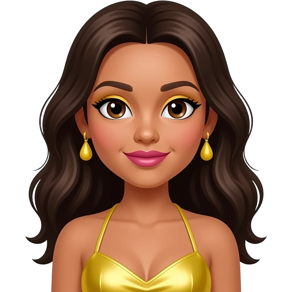 Lil Lina from The Next Kidz with medium skin, brown eyes, long dark brown hair, yellow eyeshadow, pink lipstick, yellow metallic halter dress, yellow earrings emoji