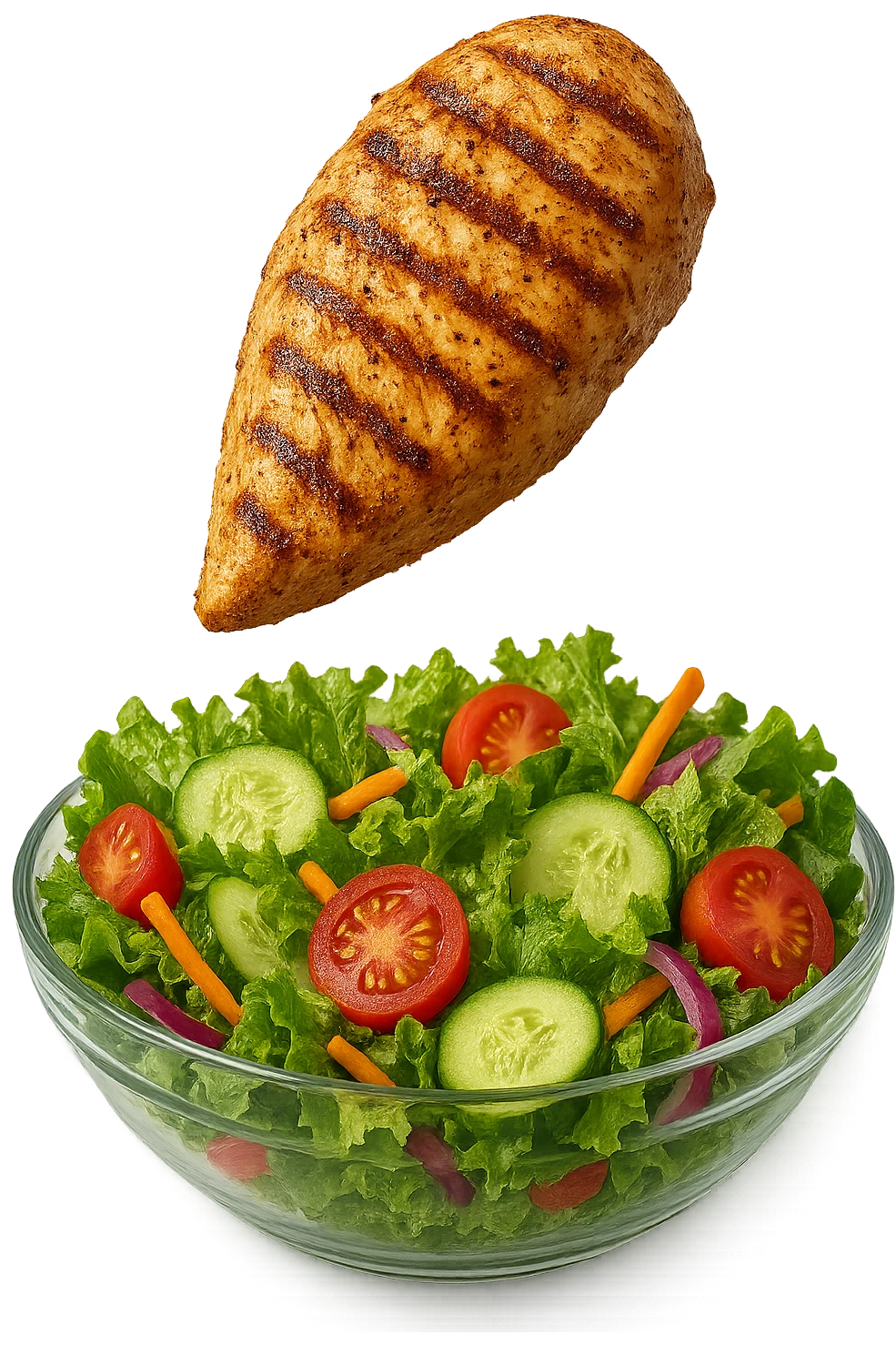 INSALATA CON PETTO DI POLLO GRIGLIATO CHE CADE DALL'ALTO, IPERREALISTICO 4K emoji