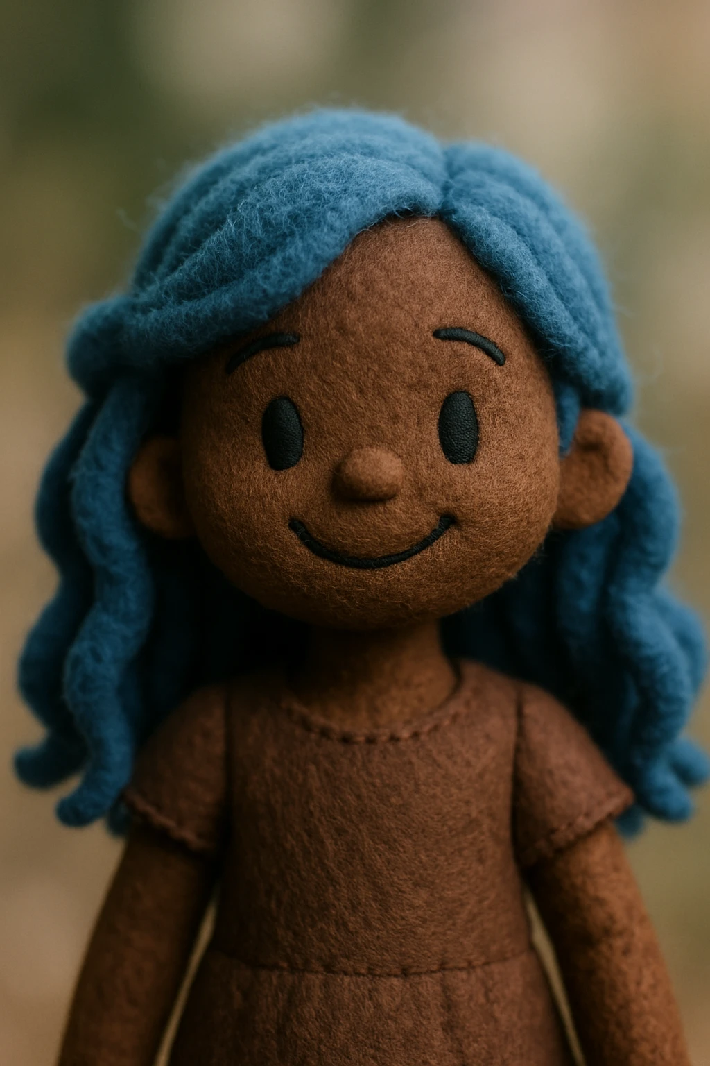 blue haired dark skinned girl, wavy long hair, cheerful smile, upper body portrait emoji