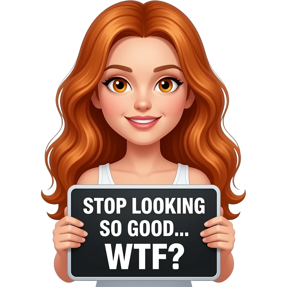 sexy girl with long wavy ginger hair and ginger eyes wearing a white tanktop is holding a black colored sign with STOP LOOKING SO GOOD... WTF written on it emoji