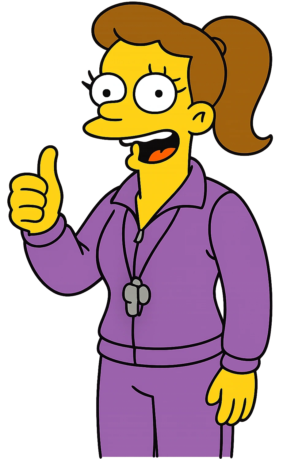 Simpsons-style woman gym coach, yellow skin, purple tracksuit, whistle around neck, giving a thumbs up emoji