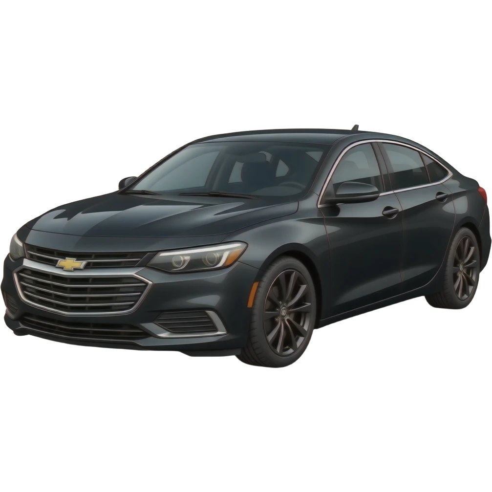 A realistic, high-detail photograph of a glossy black Chevrolet Malibu 2 Turbo Premier sedan with tinted windows, black alloy rims, and bright LED headlights emitting a soft white glowing effect, 8k resolution, cinematic lighting. emoji