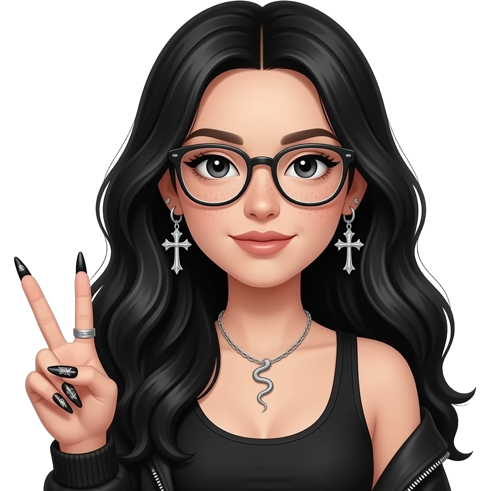 Girl in black, sitting (upper body), long voluminous hair, black eyes with light eyeliner, glasses, subtle freckles. Helix-to-lobe chain earrings with skeleton cross details, small silver snake necklace. Holding a peace sign, long black and silver nails with detailed designs emoji