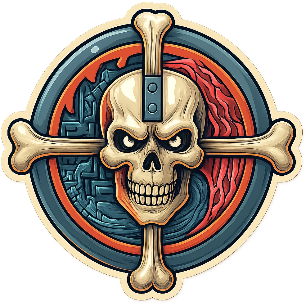 Sticker variation 1: Skull and crossbones with mechanical and organic details, bold outlines, vibrant colors, retro sticker style. emoji