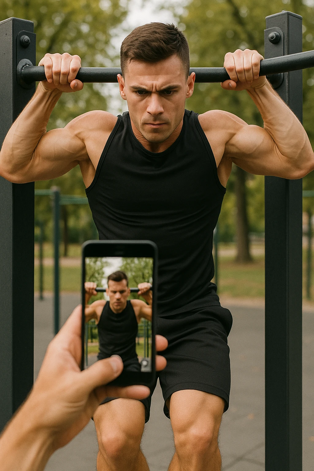 uomo che fa Muscle up e si sta filmando davanti con il telefonino per vedere la sua posizione dei gomiti e delle mani sulla sbarra emoji