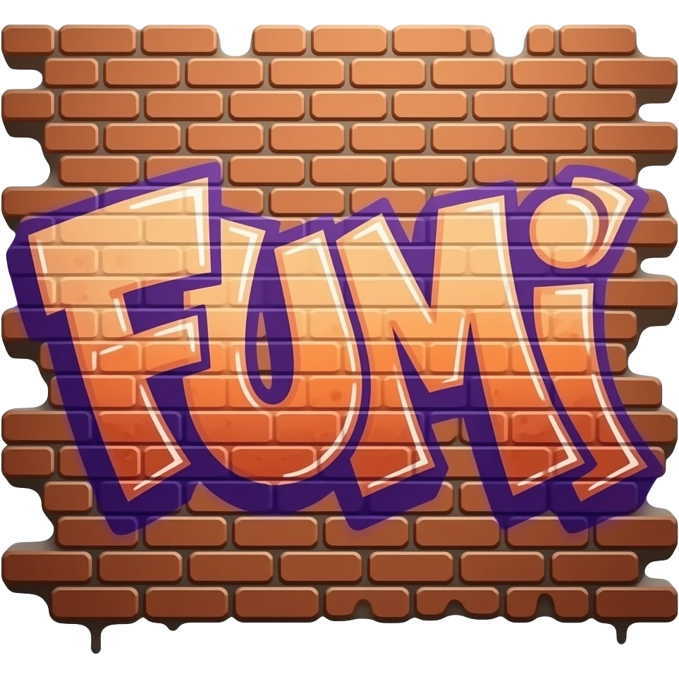 purple and oragne graffiti art work spelling "FUMI" emoji