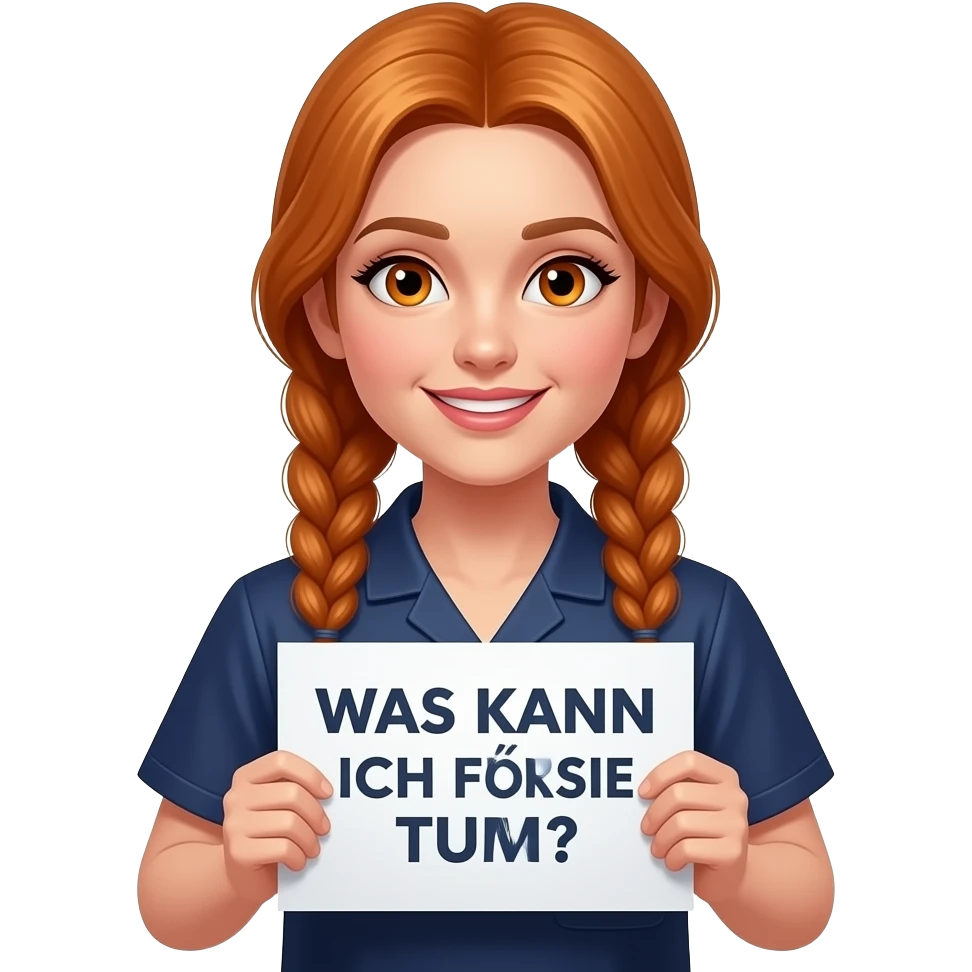 sexy girl with long ginger braids and ginger eyes wearing a dark blue scrubs is holding a sign with WAS KANN ICH FÜR SIE TUN? written on it emoji
