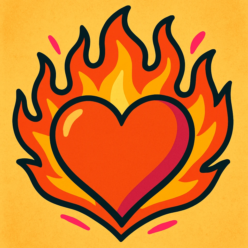 heart with flames of fire in red-orange, yellow, and pink, vibrant and modern style emoji
