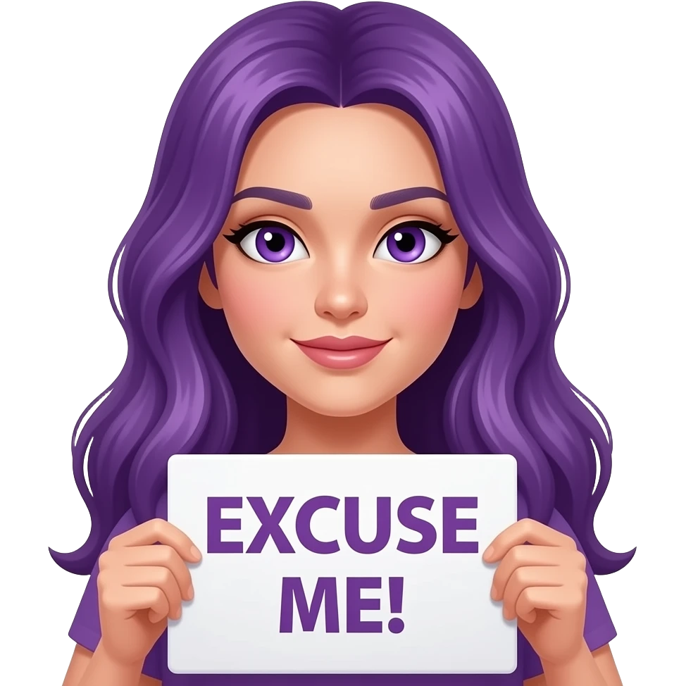 sexy girl with long purple hair and purple eyes holding a EXCUSE ME! sign emoji