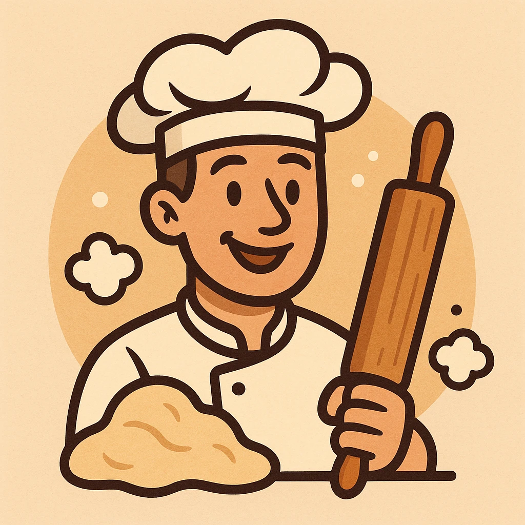 icon symbolizing a baker, with flour and dough, baker's hat and rolling pin, warm feeling, simple and intuitive illustration emoji