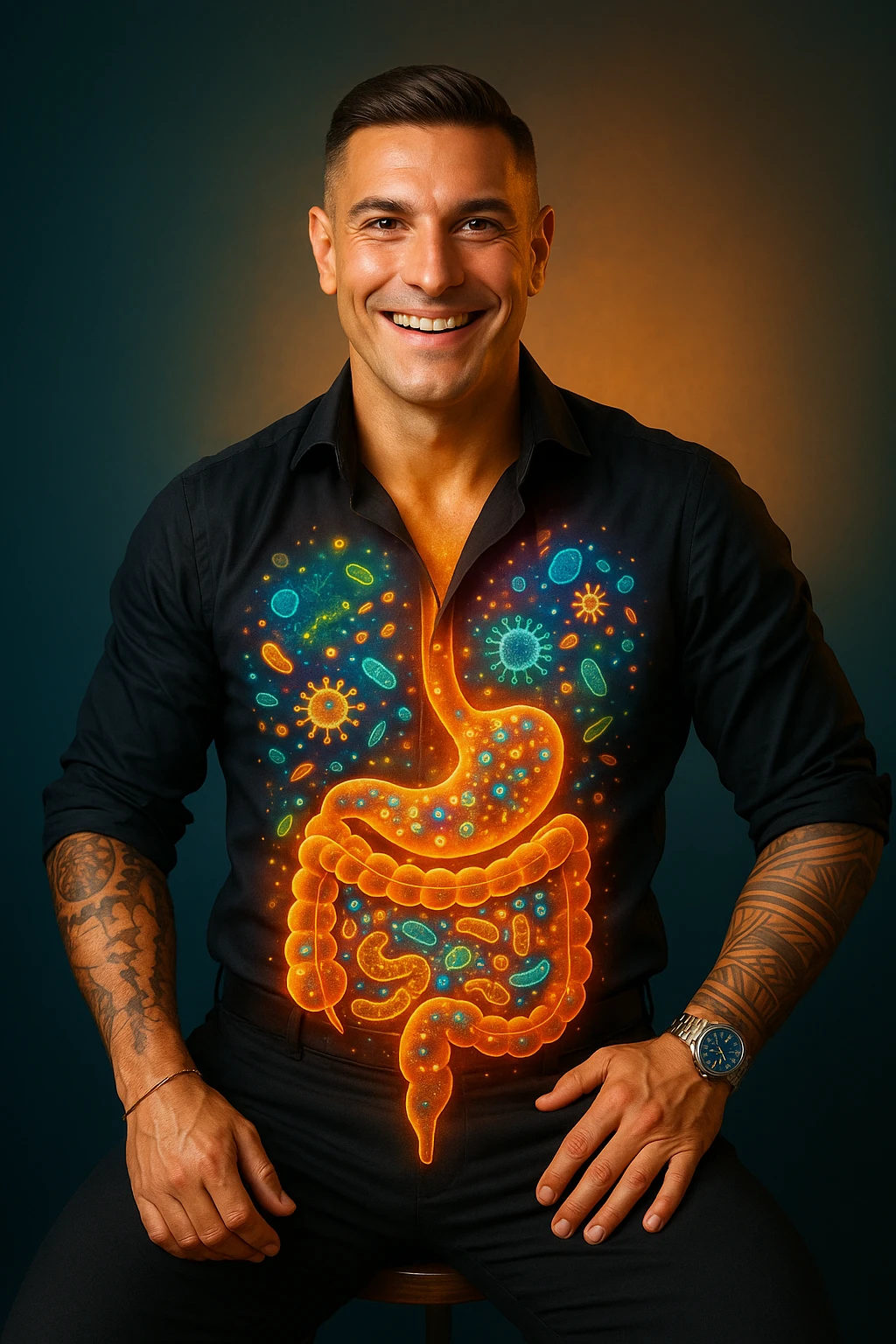 Radiant man with transparent digestive system showing diverse, thriving gut bacteria colonies in perfect balance, beneficial microorganisms glowing like constellation patterns throughout intestines, expression of optimal health and vitality, digestive tract functioning as harmonious ecosystem, immune system strengthened by microbial diversity, energy levels at peak performance emoji