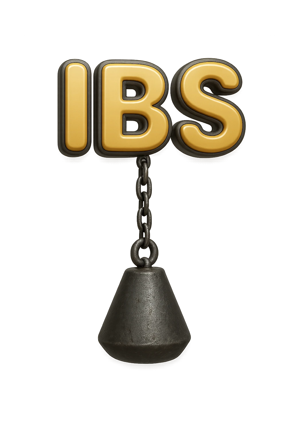 emoji stile iphone della parola "IBS" sospesa in aria con zavorra attaccata sotto che la fa cadere per il peso, iperrealistico 4k emoji