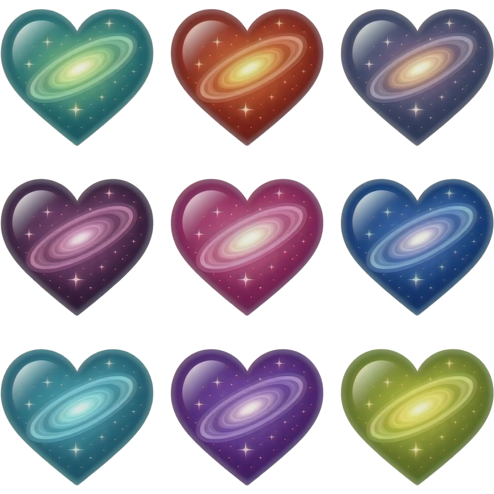 loads of different coolest galaxy hearts but all different colours emoji