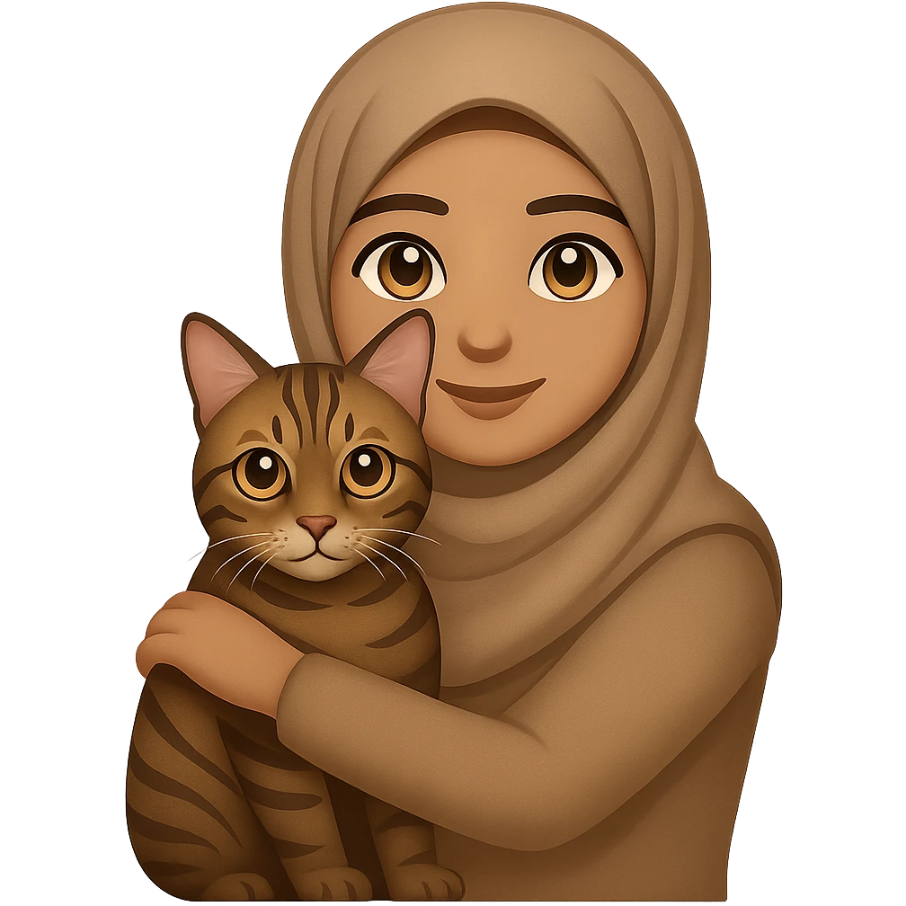 Transform the character into a modern woman wearing a plain pashmina hijab, still holding a tabby cat. Use an emoji-style animation with a friendly expression and soft colors. Keep the background transparent as in the reference image. emoji