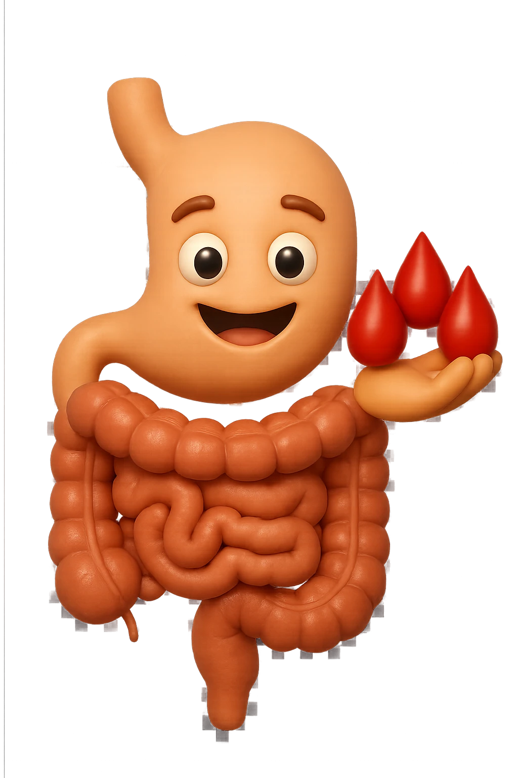emoji stile iphone 3d di stomaco e intestino collegati verticalmente con 3 gocce di sangue 3d in mano, iperrealistiche 4k emoji