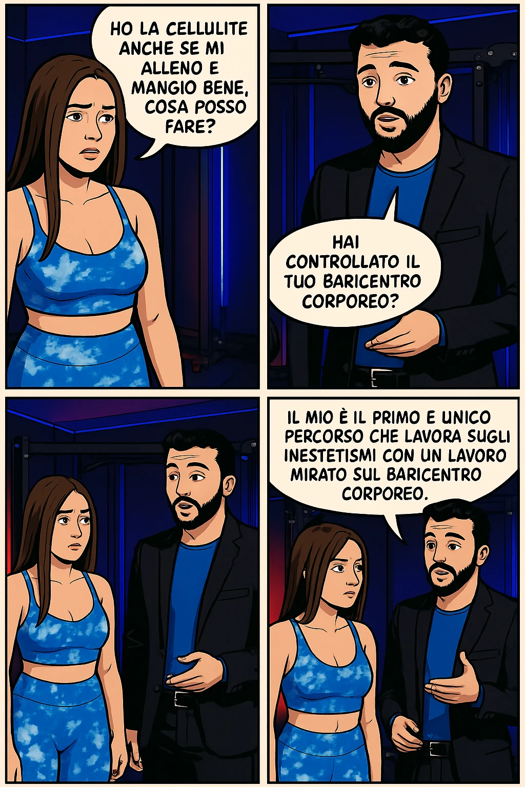TRASFORMA QUESTO CAROSELLO IN UN FUMETTO CON QUESTE DUE PERSONE IDENTICHE CHE INTERLOQUISCONO TRA LORO:

LEI: Ho la cellulite anche se mi alleno e mangio bene, cosa posso fare?

LUI: Hai controllato il tuo baricentro corporeo?
Sapevi che se il peso del tuo corpo cade in avanti o da un lato, c’è un disallineamento fra bacino e torace, che comprimendo le coste, limita la motilità del diaframma e l’ossigenazione dei tessuti?
Il mio è il primo e unico percorso che lavora sugli inestetismi con un lavoro mirato sul baricentro corporeo. emoji
