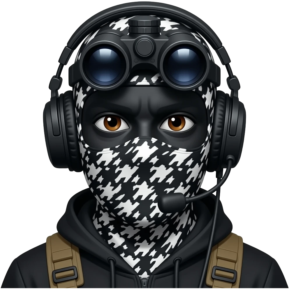man with brown eyes wearing black clothes, face total painted black and a black and white patterned balaclava and wears a headset and a big black night vision device on his headtop emoji