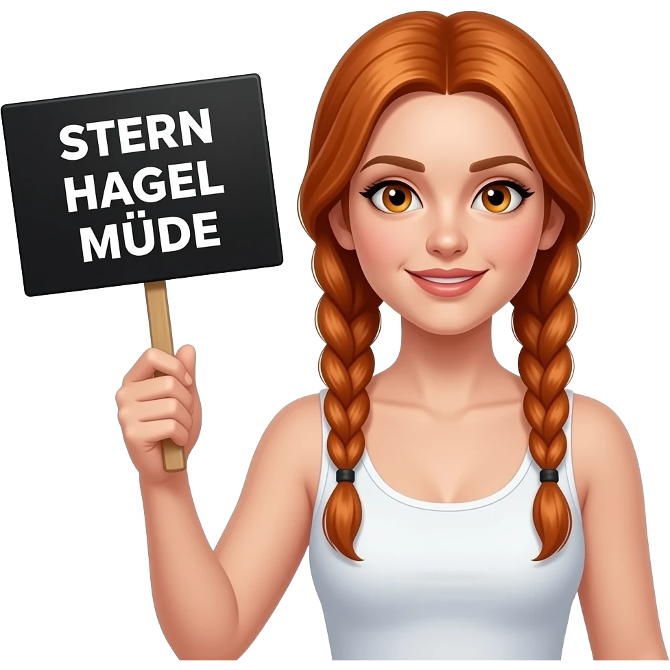 sexy girl with long ginger braids and ginger eyes wearing a white tanktop is holding a black sign with STERN HAGEL MÜDE written on it emoji