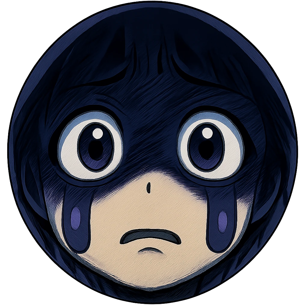 Extend the dramatic dark blue and purple anime-style shadow to cover more of the face, enhancing the overwhelmed and shadowy expression. Keep the trembling frown and wide blank eyes minimal and emoji-like, avoiding realism or horror. Transparent background. emoji