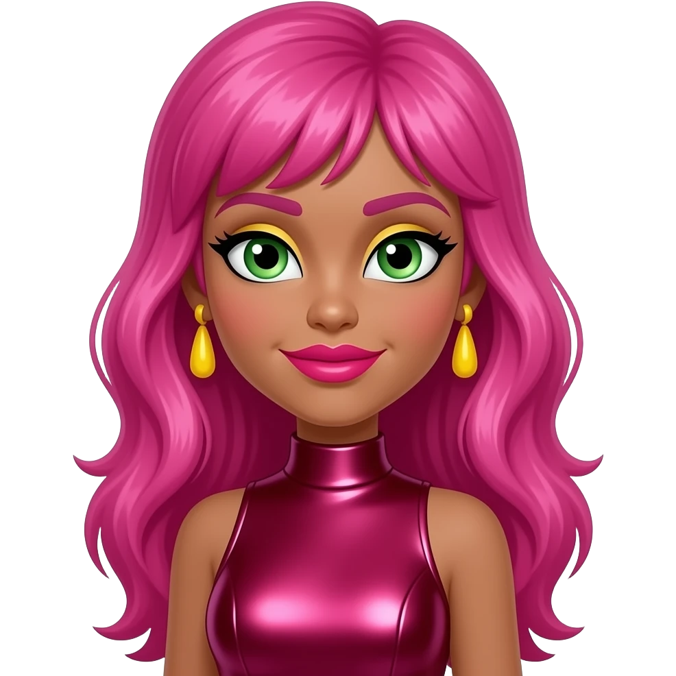 Raya from Jem and the Holograms with olive skin, green eyes, long pink 80s rocker hair, light yellow eyeshadow, hot pink lipstick, red-violet metallic high neck dress, yellow earrings emoji