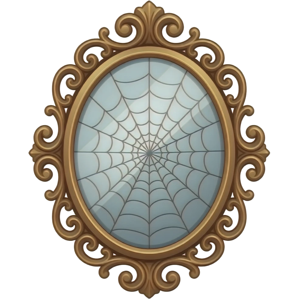An ornate, vintage-style oval mirror with an intricate, swirling rose gold frame. The glass is aged and covered in fine, spiderweb-like cracks, creating a moody, luxe aesthetic emoji