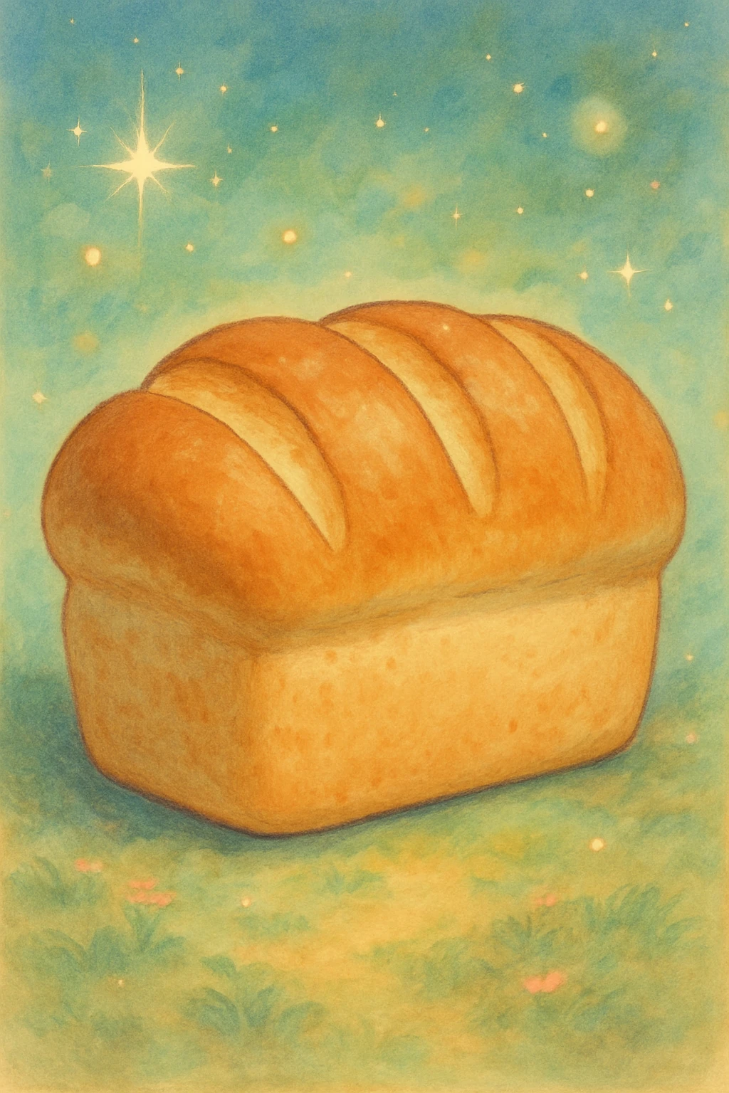 a loaf of bread emoji in ghibli style, gentle colors, magical touch emoji