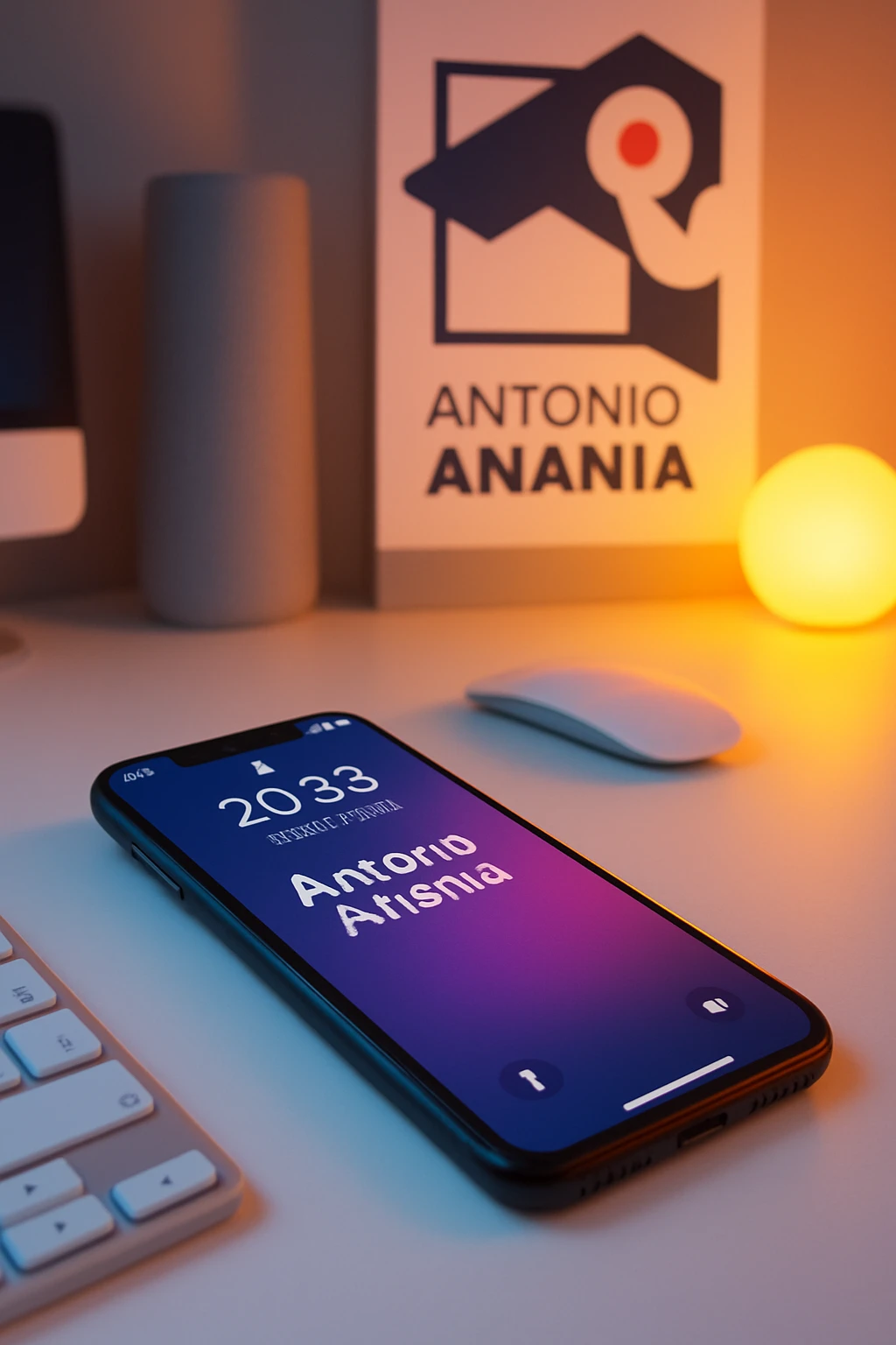 A photo of an iPhone on the desk with the message "Antonio Anania" on its screen, The phone sits atop a desk with a blurred background that suggests work environment. A faint glow from above casts gentle shadows across the surface of each object, creating depth and highlighting their textures emoji