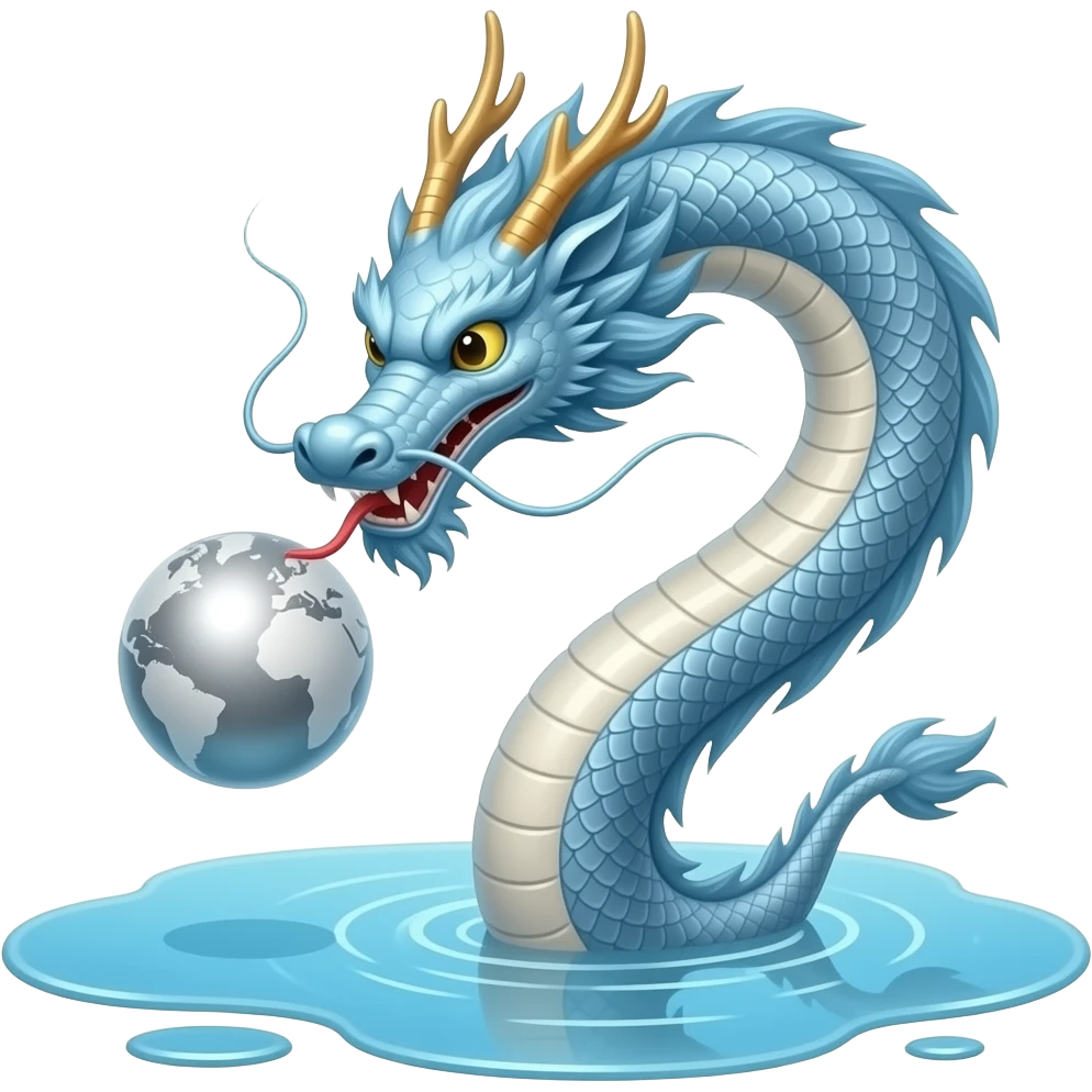 A long silver-blue Chinese serpentine dragon emerges from a puddle of water, hovers above the surface, playing with a silver planet. emoji