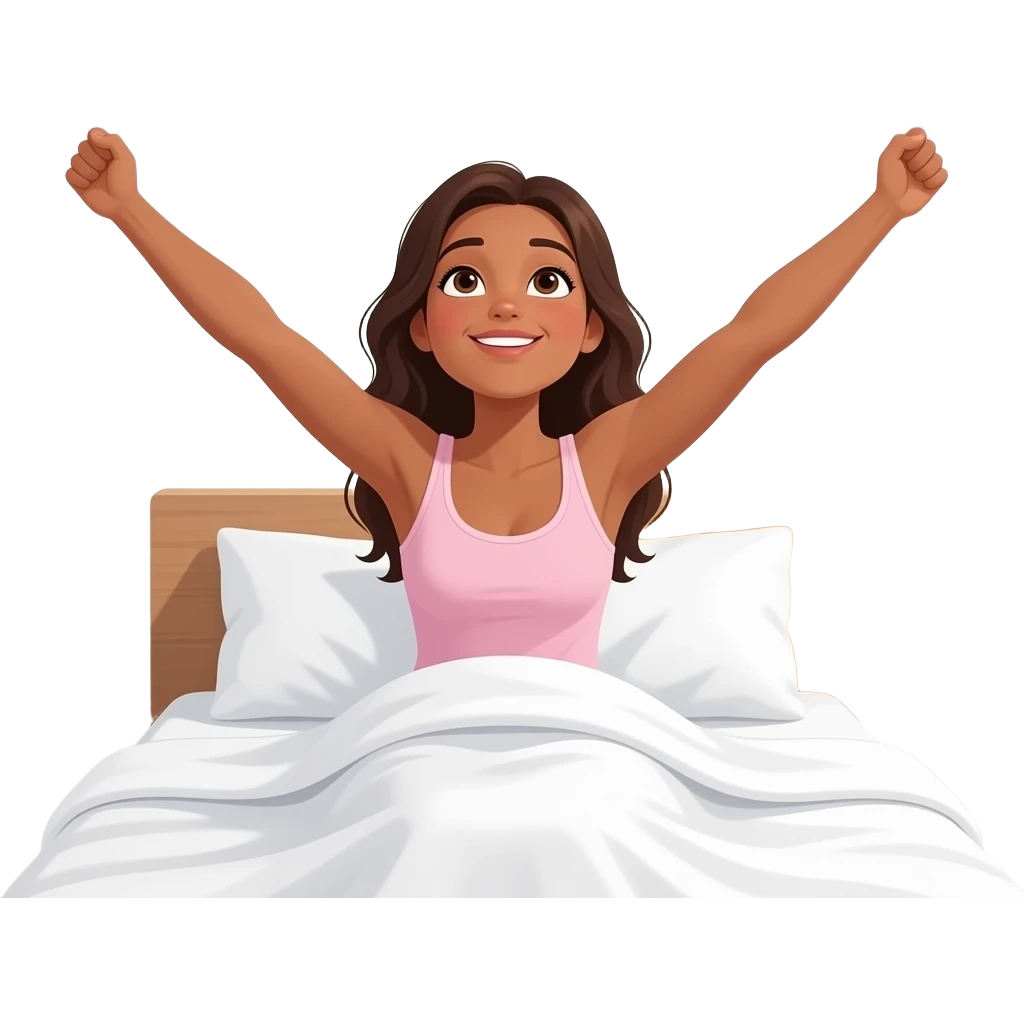 a naked tanned woman waking up in bed with arms fully stretched and the words "Good Morning" in blue overhead emoji