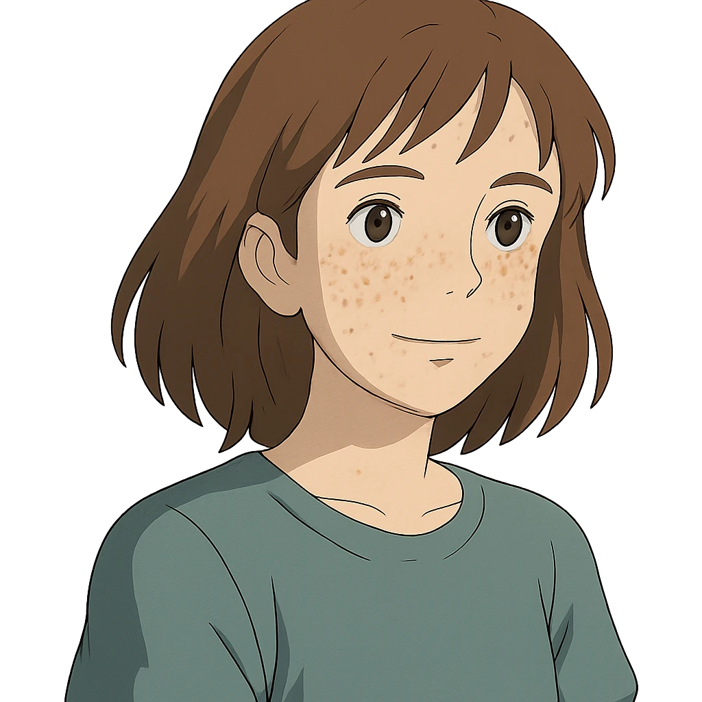 portrait of white woman with freckles, brown shoulder-length hair, Ghibli style emoji