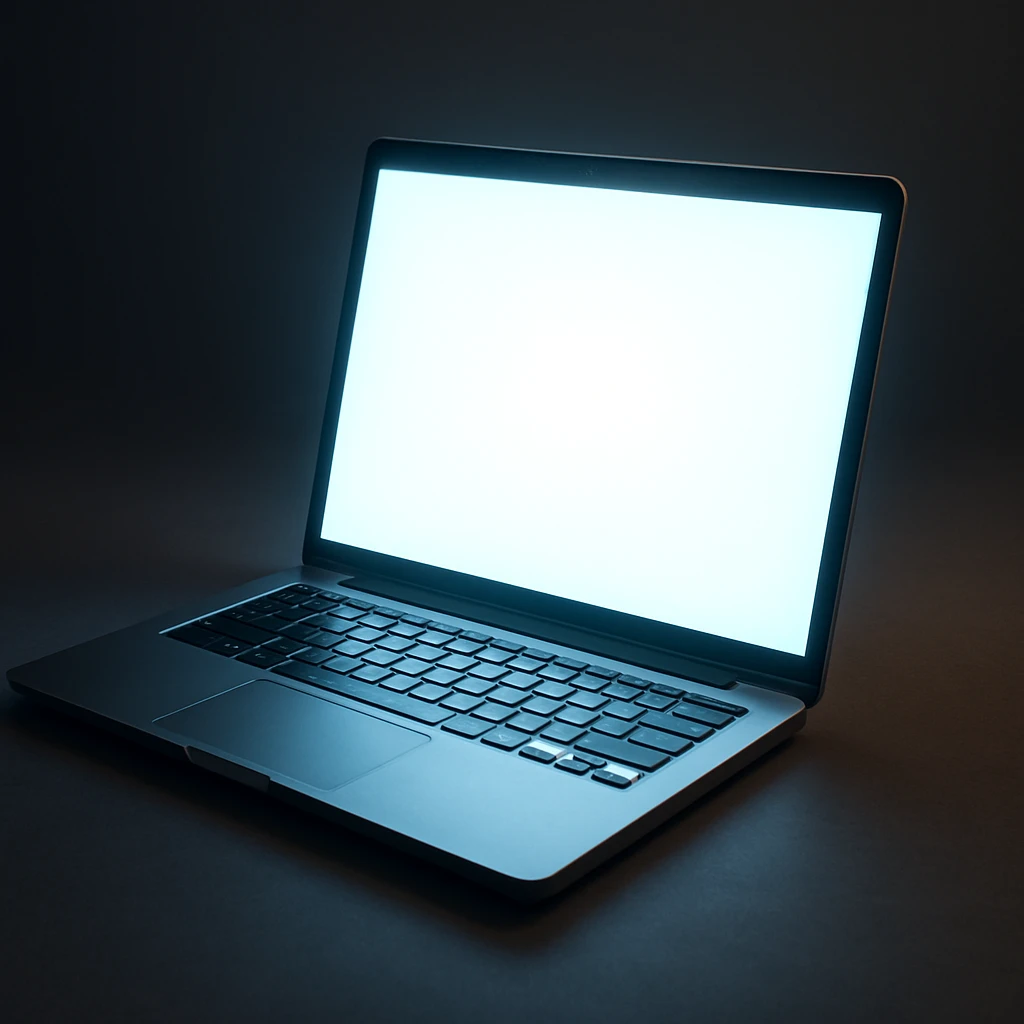 3D realistic slightly angled laptop with glowing screen, realistic style emoji