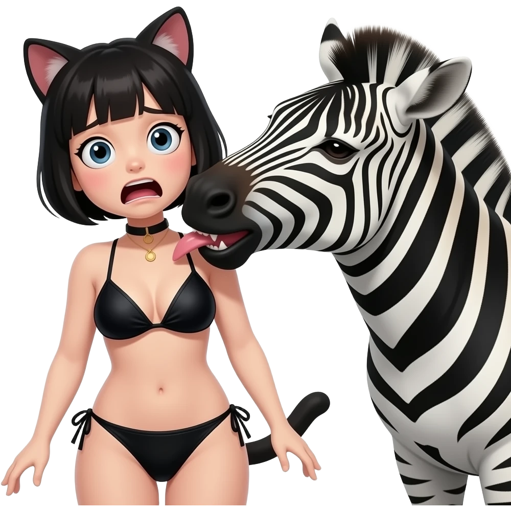 human zebra male biting the cat human neck. a human girl cat wearing black bikini and a short hair. make the cat scared emoji