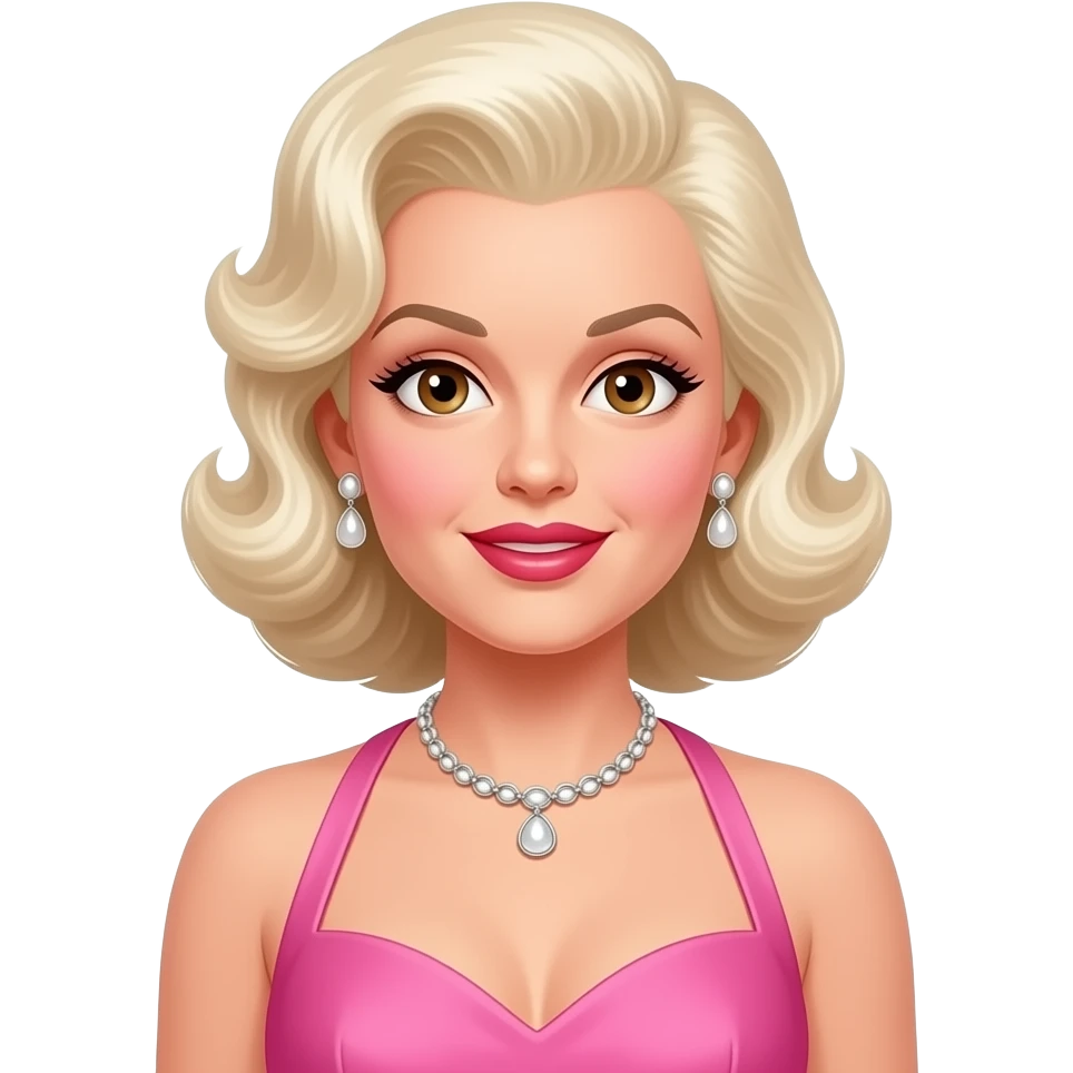 Jayne Mansfield with brown eyes, long white blonde 50s pin-up hair, pink hollywood dress, necklace and earrings emoji
